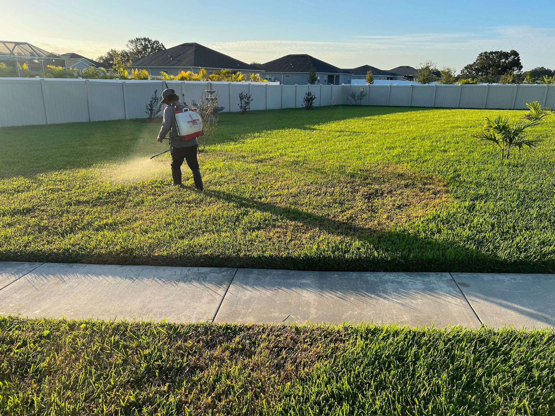 A man is spraying a lawn with a backpack sprayer.
