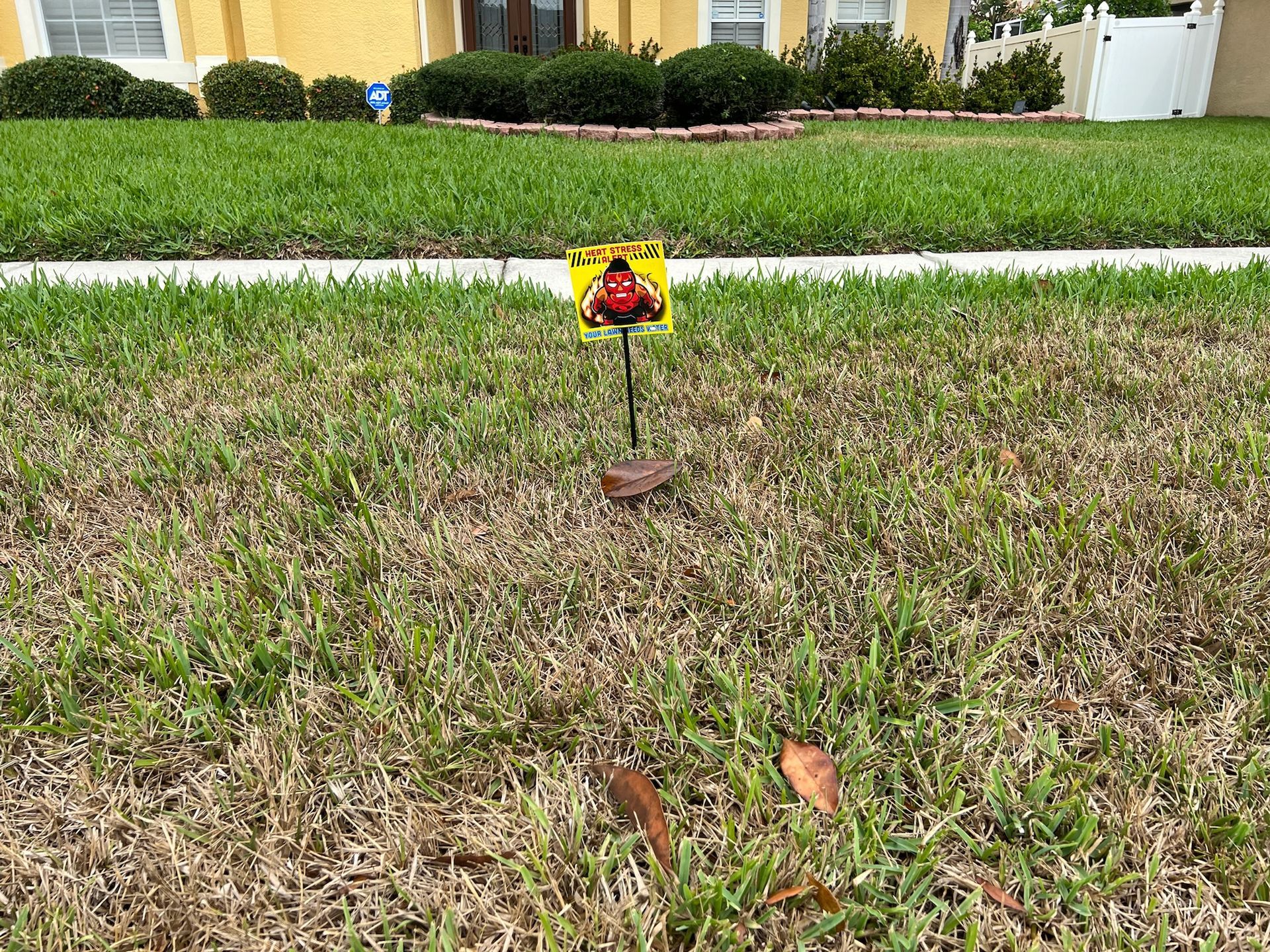 A small sign in the middle of a lush green lawn.