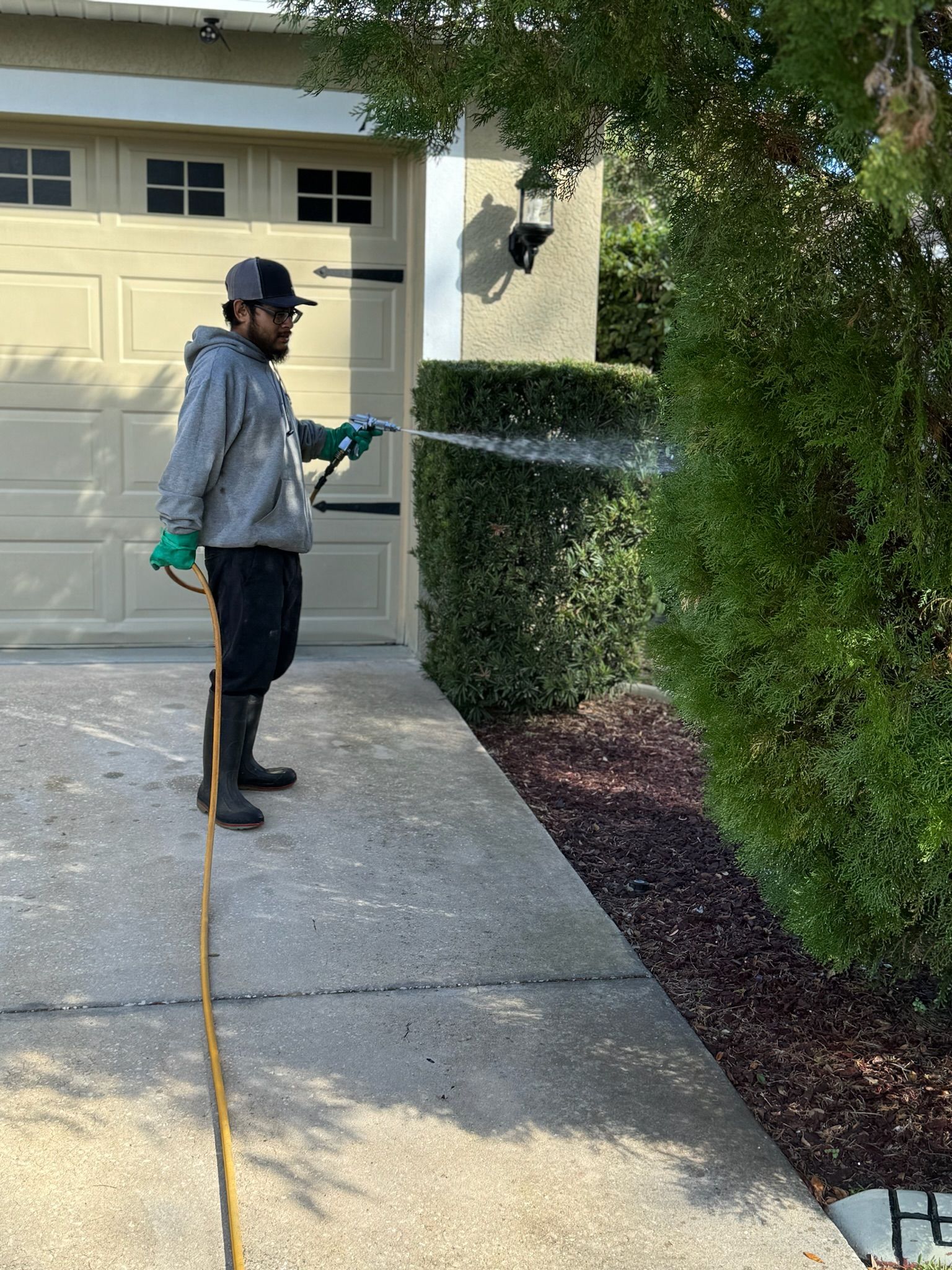 A man is spraying a tree with a sprayer in front of a garage door.