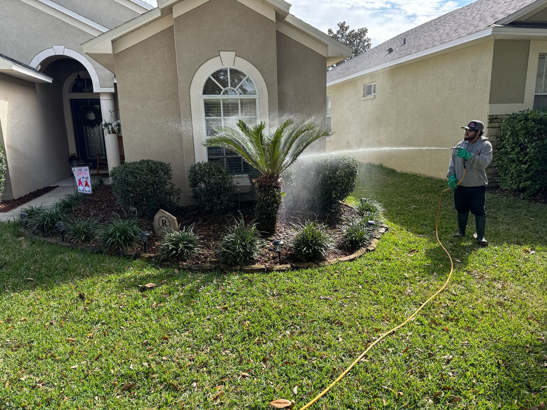 A man is spraying water on a lawn in front of a house.