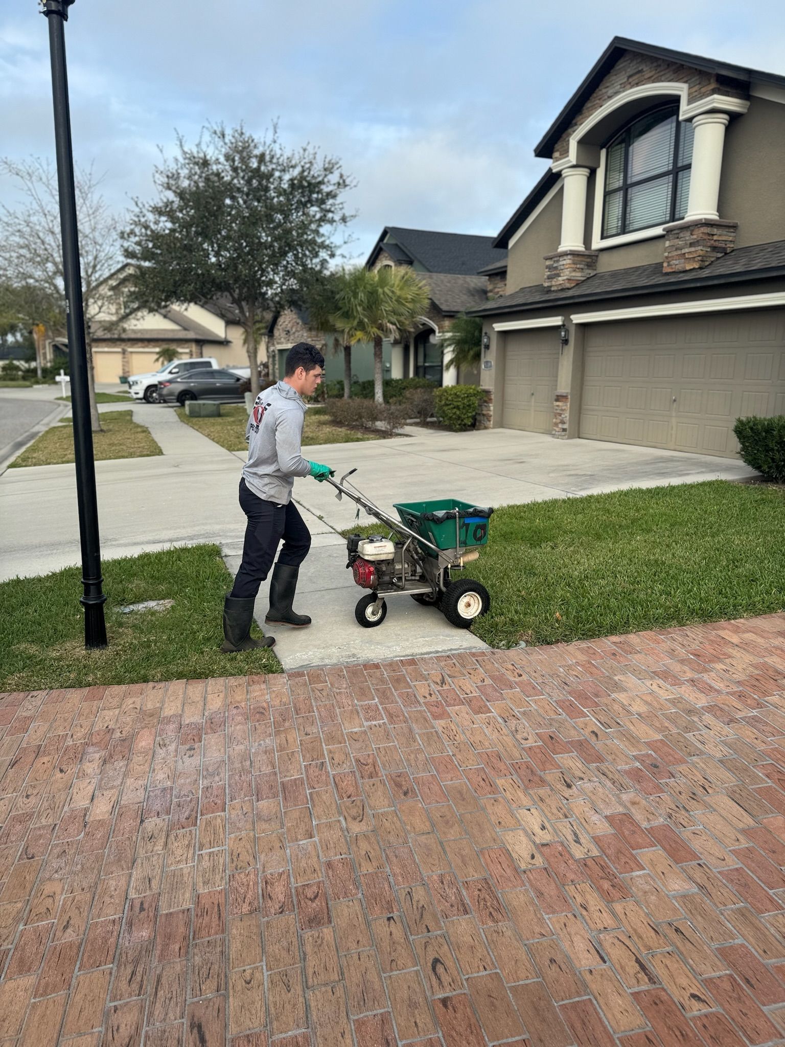 A man is spreading fertilizer on a lawn in front of a house.