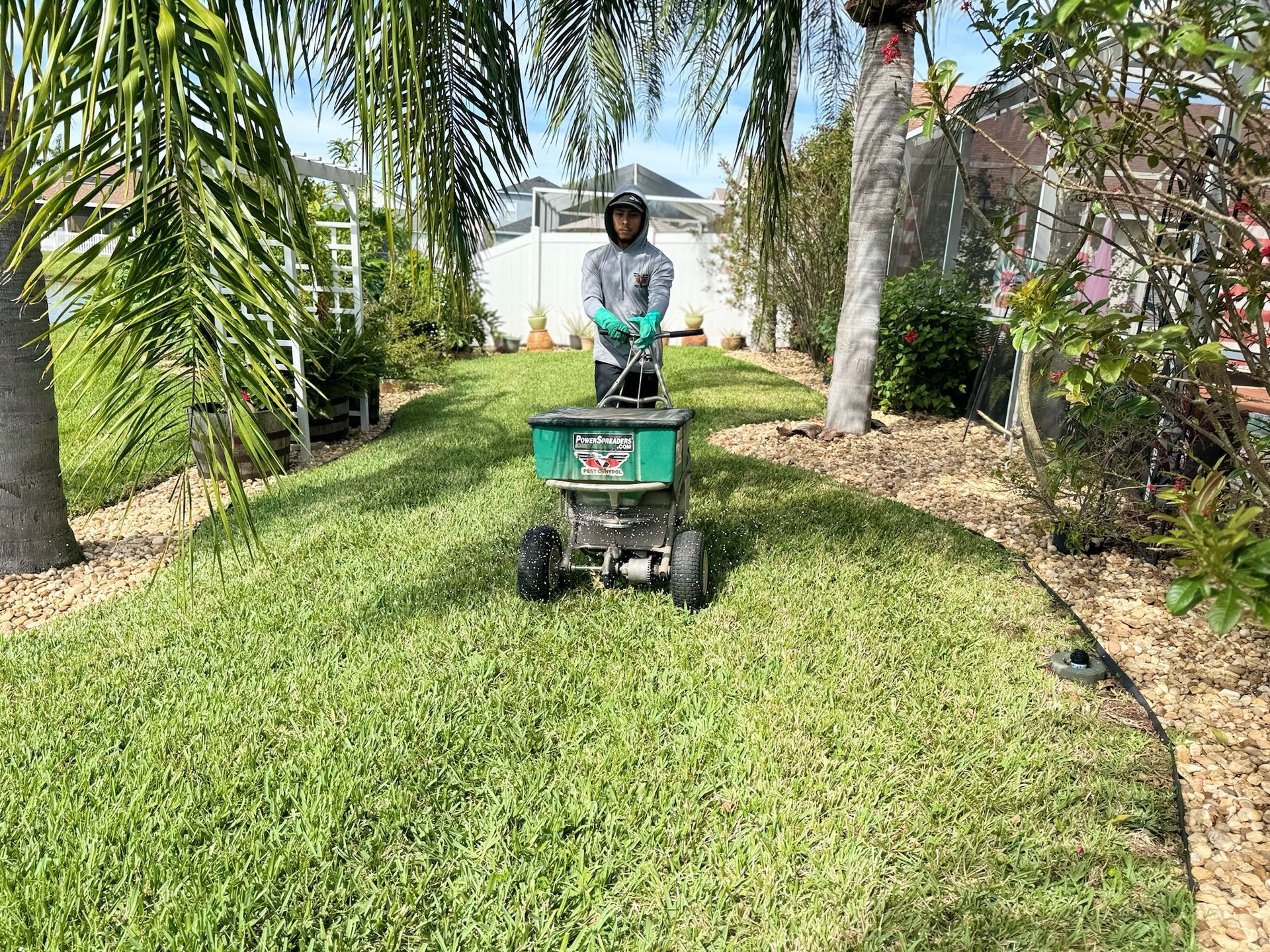 A man is using a spreader to spread fertilizer on a lush green lawn.