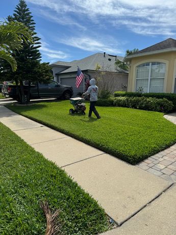 A lush green lawn with trees and bushes in the background.