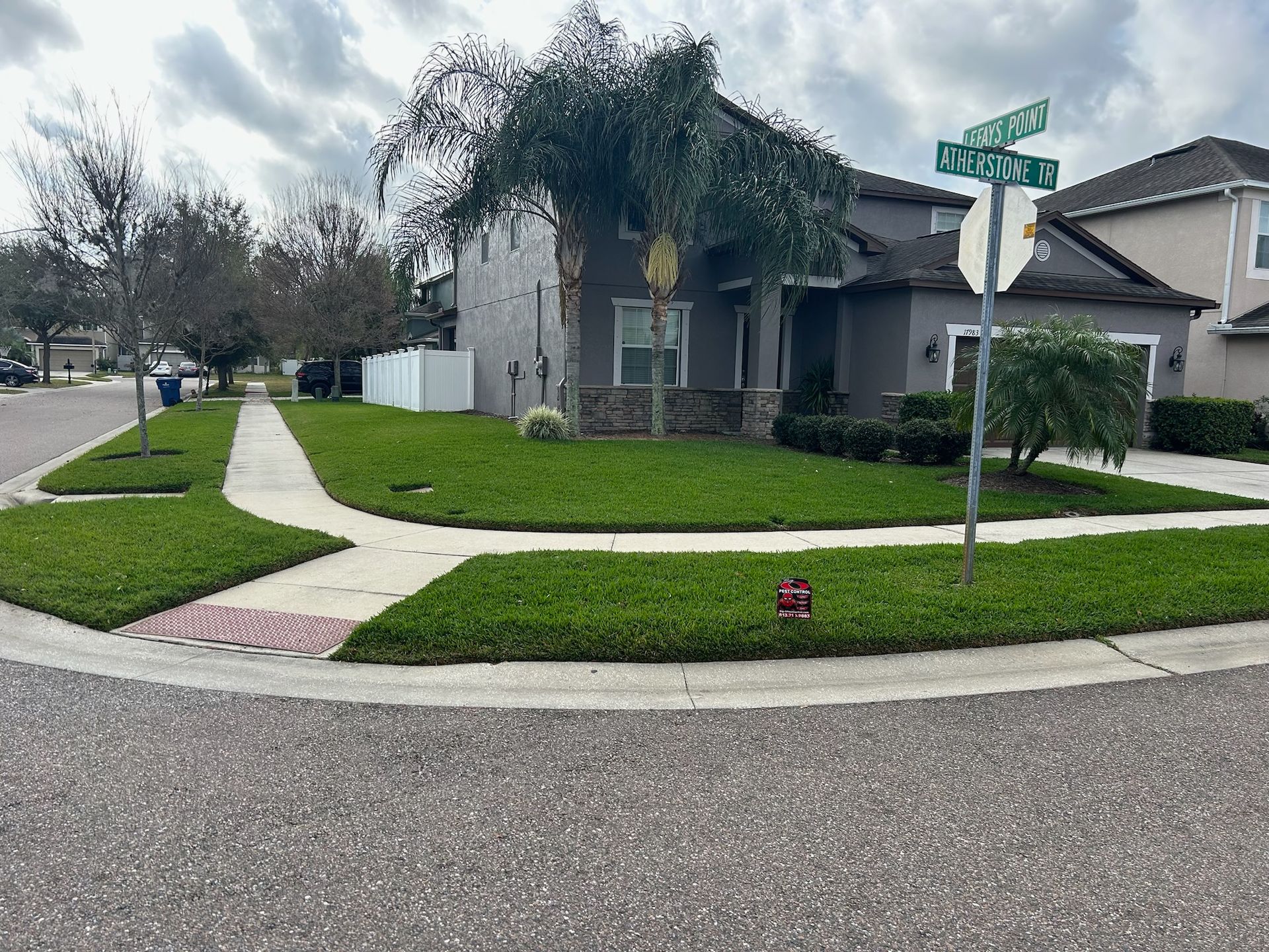 A house with a lush green lawn and a sidewalk in front of it.