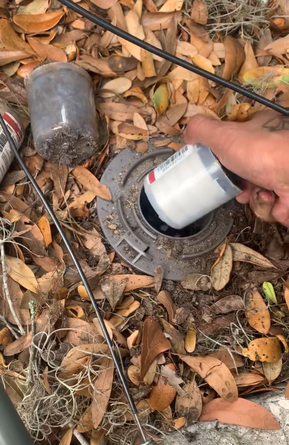 A person is holding a can in a hole in the ground.