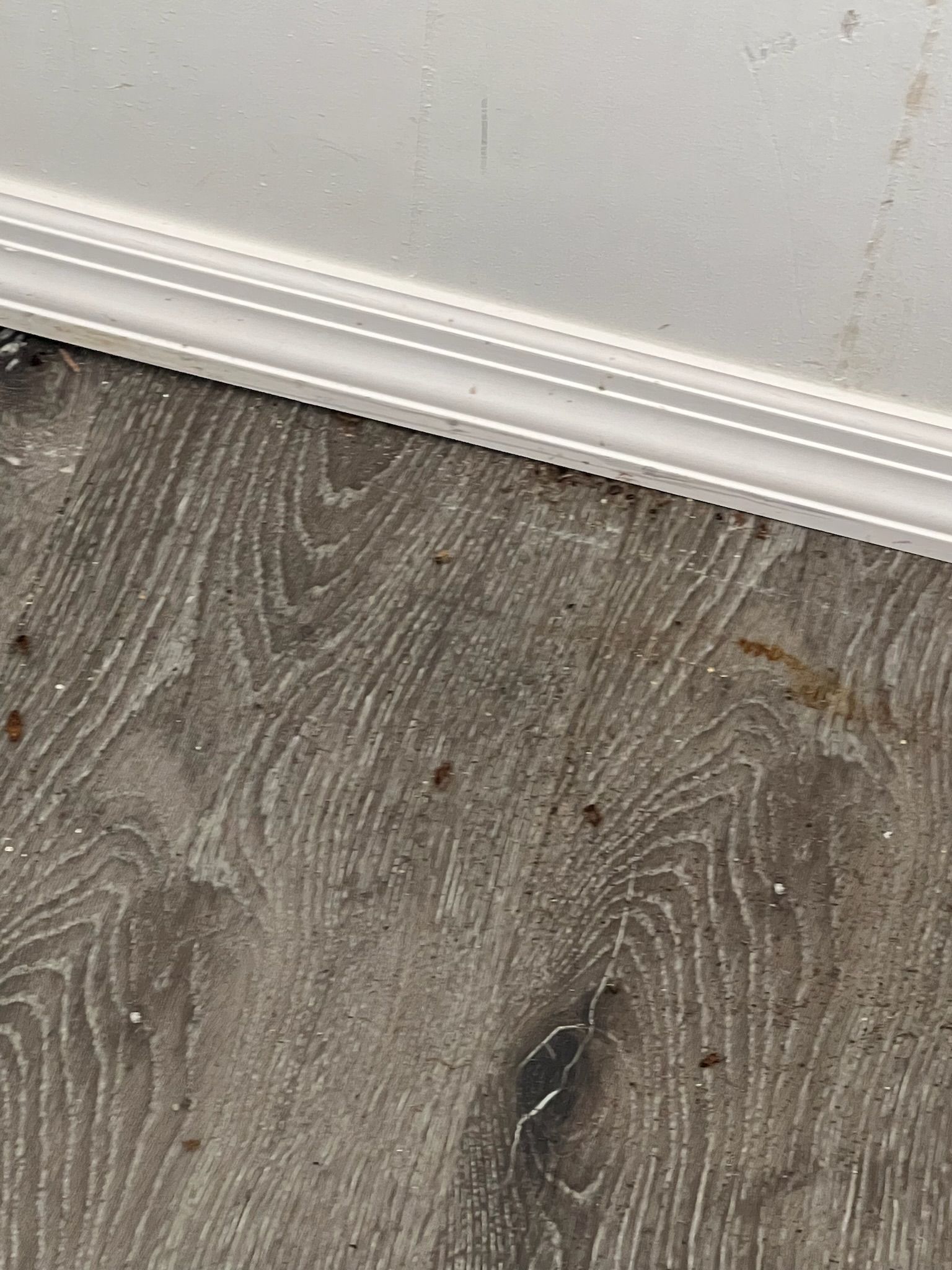 A close up of a wooden floor with a white trim.