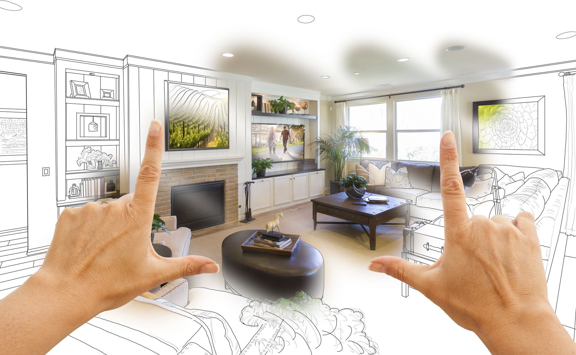 Hands framing a living room design. Room is partly sketched, with finished furnishings.
