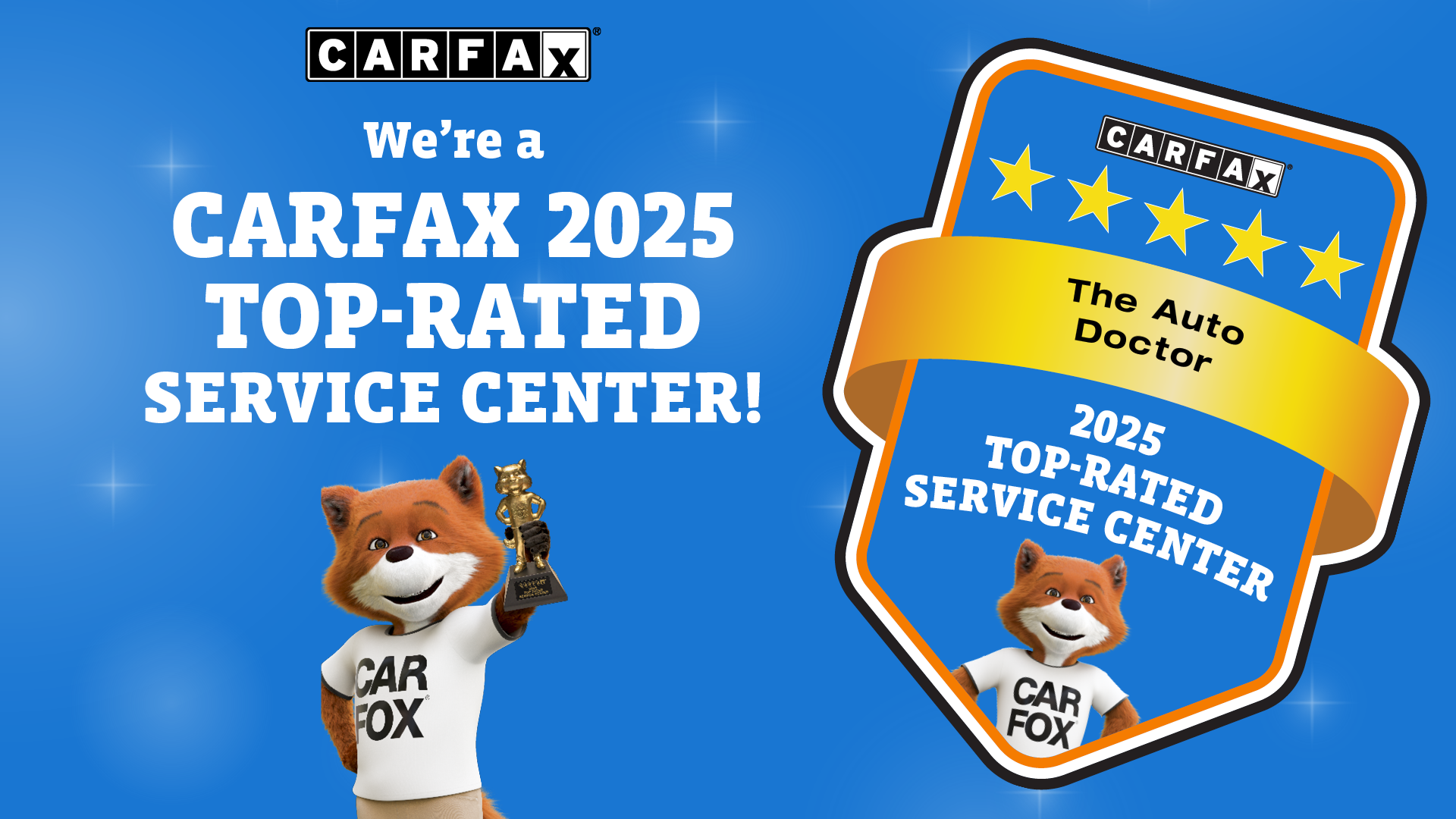 The Carfax Fox mascot holds an award for 