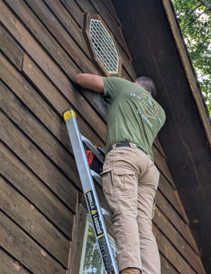 A person in a green shirt stands on a ladder, working on the exterior of a wooden house near an octagonal attic vent.