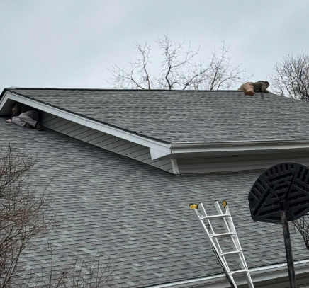 Two individuals work on a shingled roof, one near the peak and one near the eave, with a ladder and basketball hoop below.
