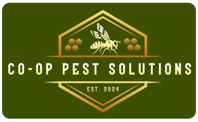 Logo for Co-op Pest Solutions: A golden bee and honeycomb icon on a dark green background with the text "EST. 2024."