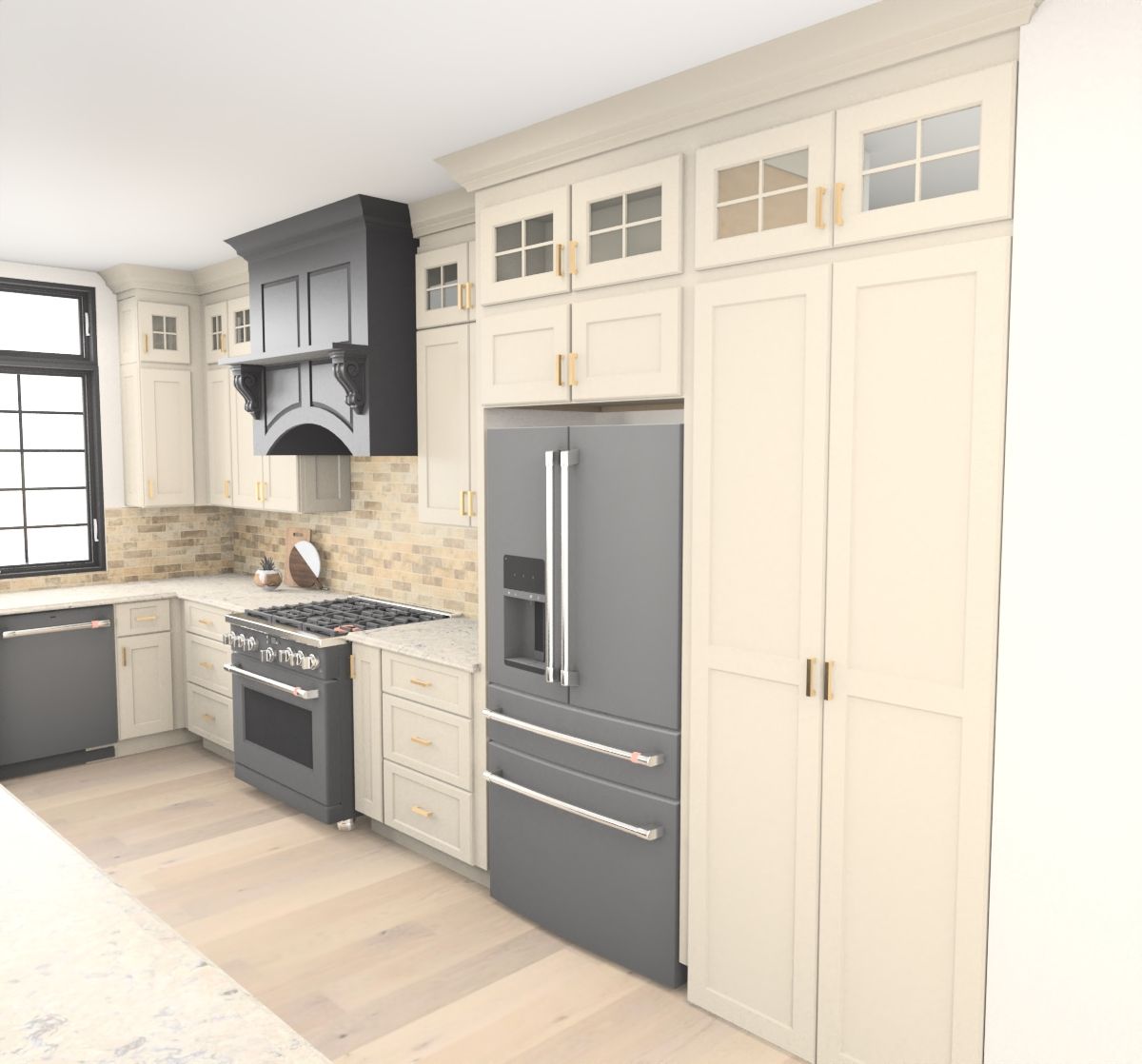 Kitchen renderings and inspiration images used to define the homeowners design vision, including cabinetry height and hood style.