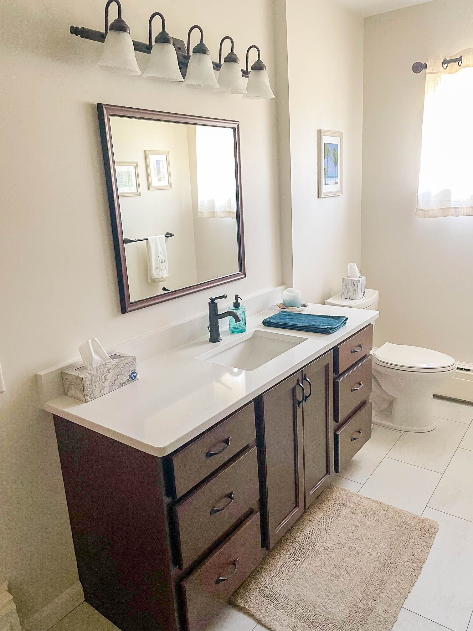Bathroom with dark wood vanity, white countertop, large mirror, and toilet.