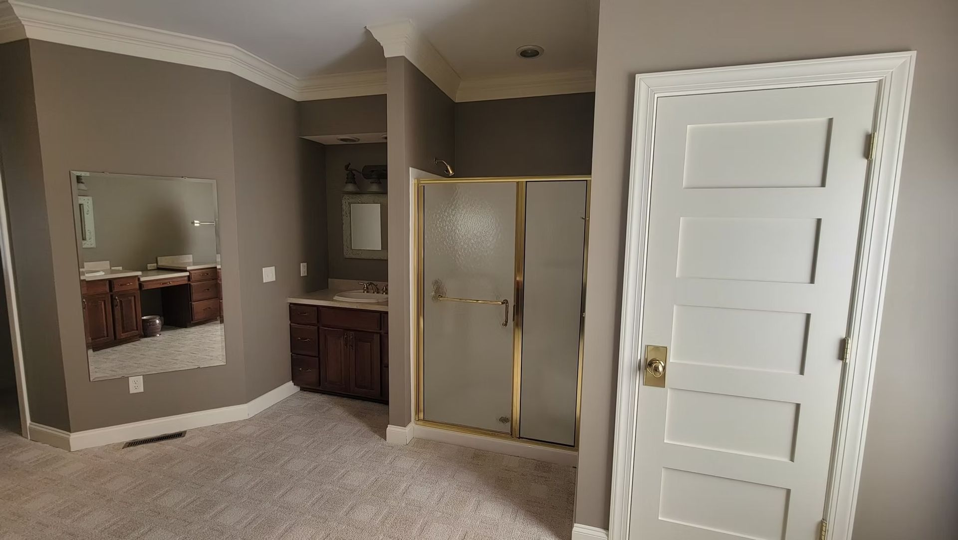 A bathroom with brown walls, carpet, a vanity, a shower, and a white door.