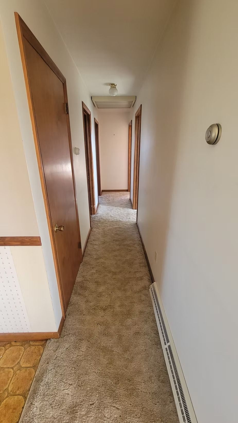 Narrow hallway with brown carpet, doors, and a textured ceiling light.