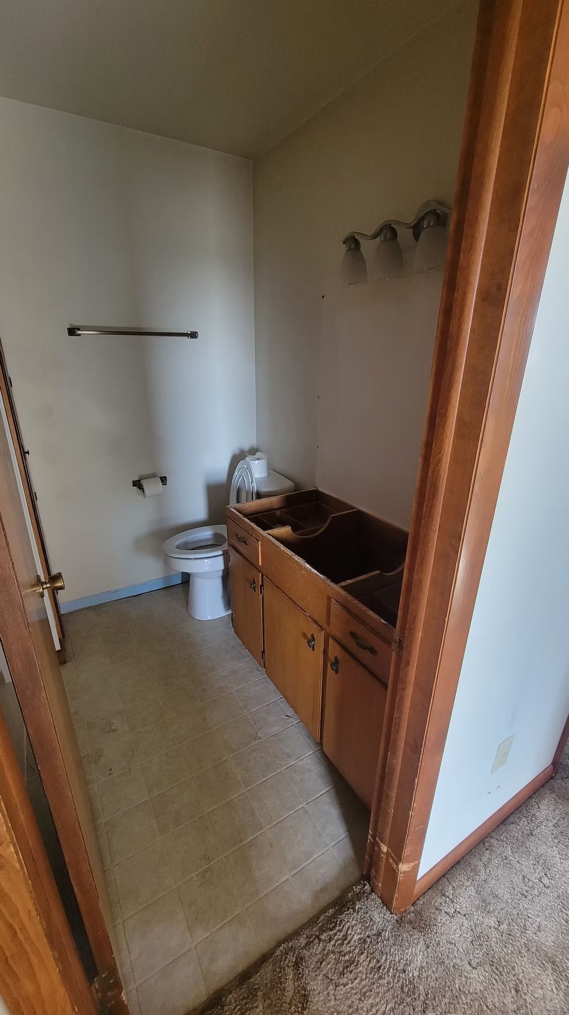 Bathroom with a toilet, empty vanity, towel rack, and three coat hooks. Brown trim, off-white walls, and worn carpet.