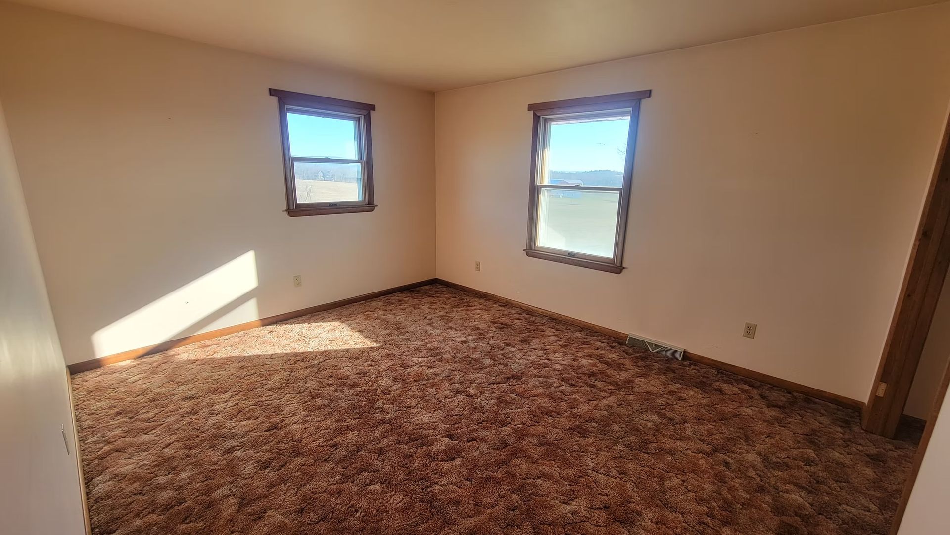 Empty room with brown shag carpet, beige walls, two windows, and wooden trim.