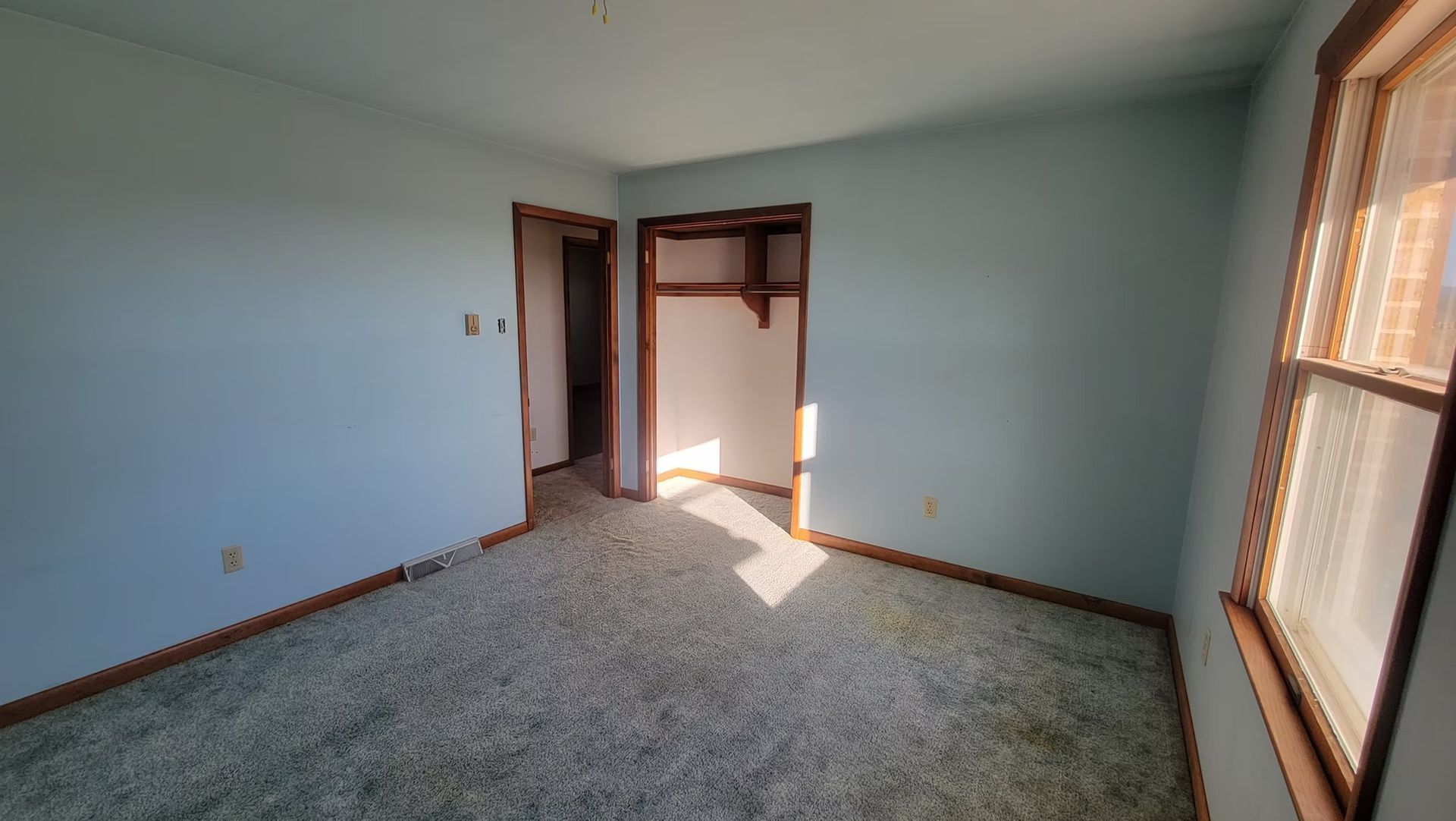Empty bedroom with blue walls, green carpet, and a closet. Sunlight streams through the window.