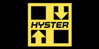 Yellow Hyster logo with black text and arrows inside a square.