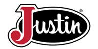 Justin logo in red script on a black oval background