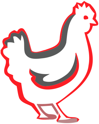 Red outlined rooster silhouette facing right with white fill and gray shadow accents