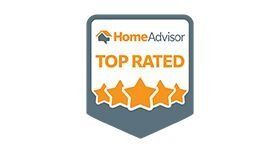 HomeAdvisor Top Rated badge with orange stars and logo on a gray and white background.