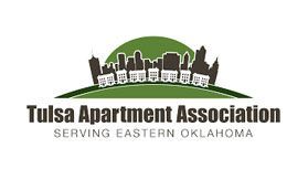 Logo of the Tulsa Apartment Association with a cityscape silhouette over a green arch, and text 