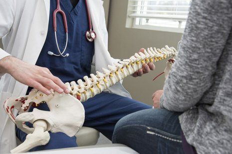 doctor showing patient a sample spinal cord