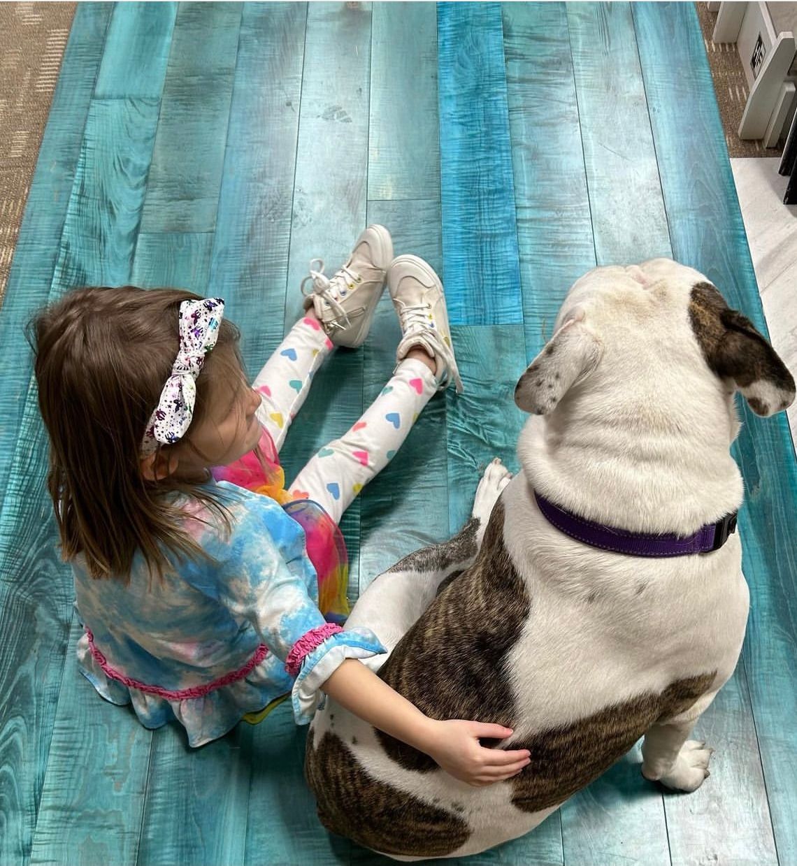 A young girl and her dog sitting on wood flooring