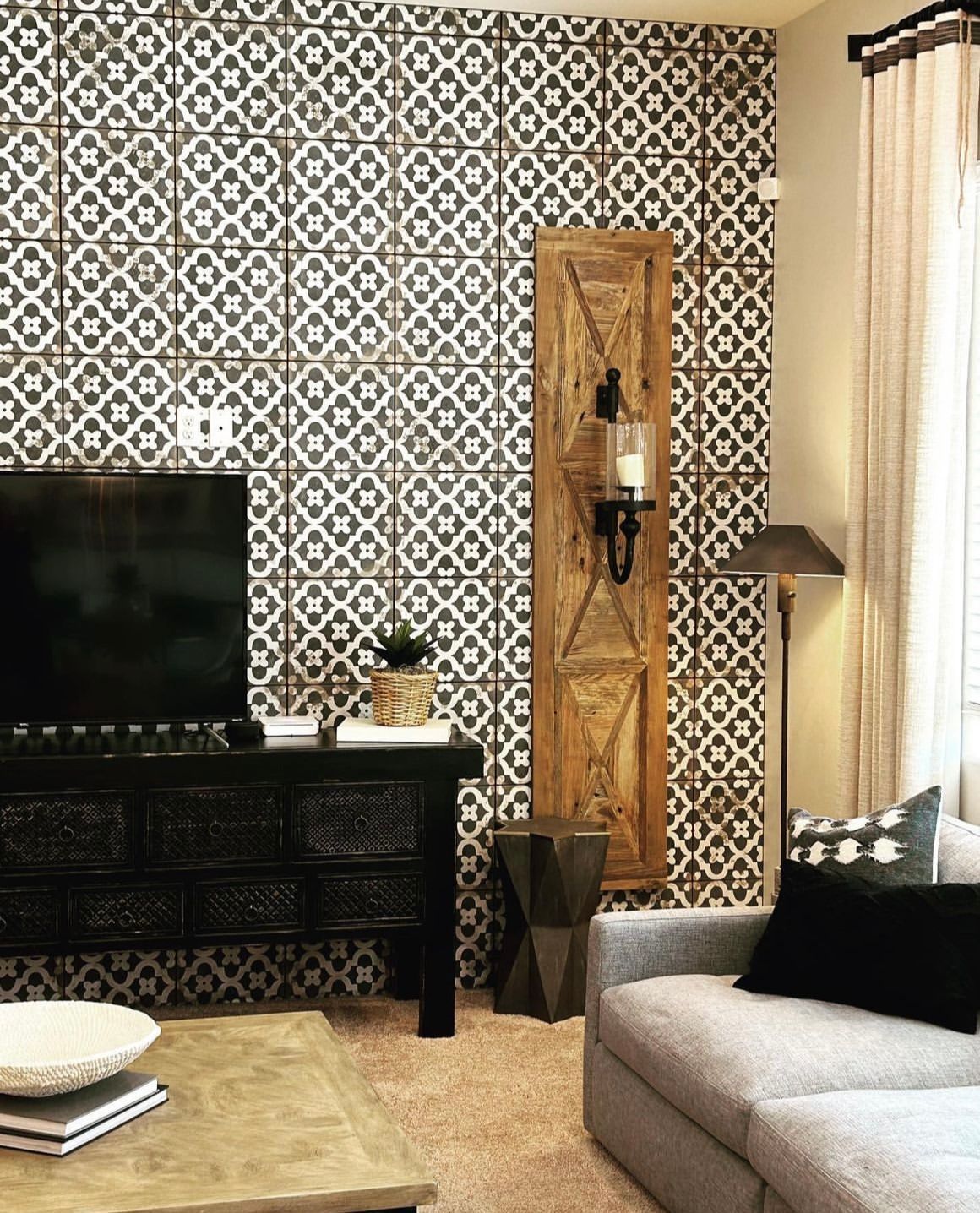 Beautiful living room with patterned tiles