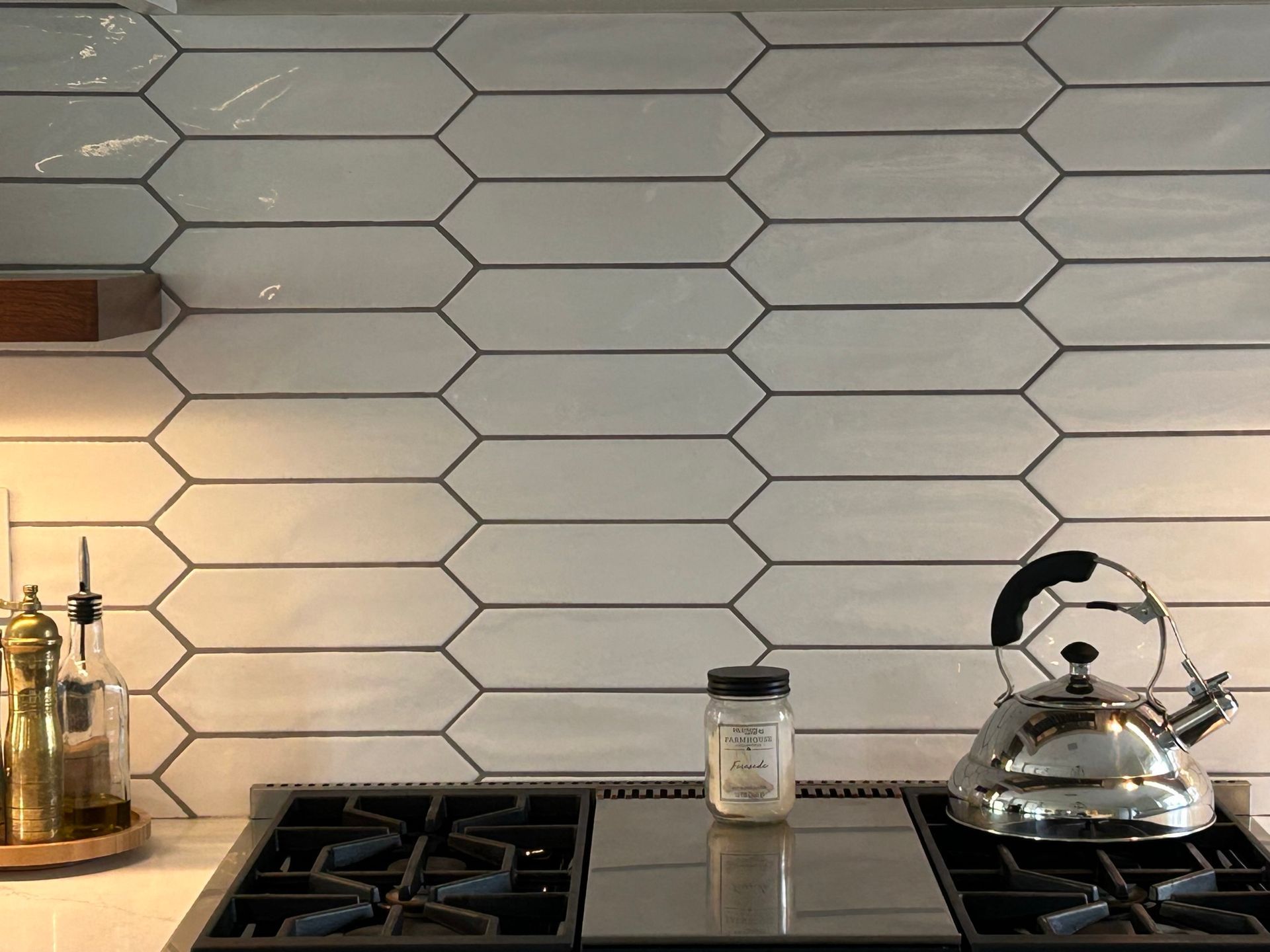 Patterned tile wall on kitchen