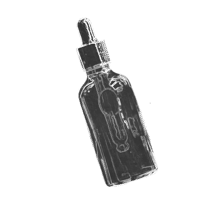 A black and white drawing of a bottle with a dropper on a white background.