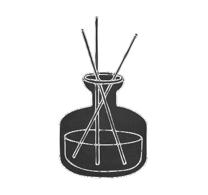 A black and white drawing of a bottle with sticks in it.