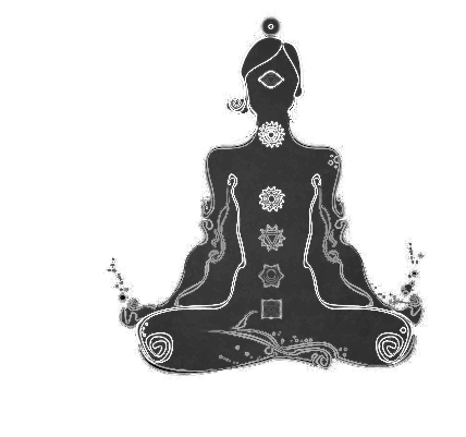 A black and white drawing of a woman sitting in a lotus position