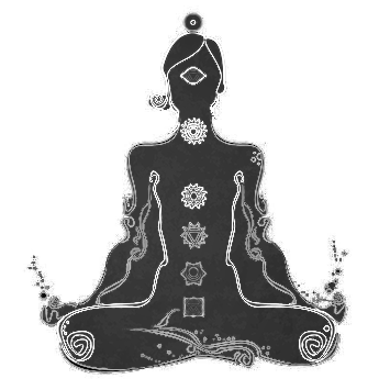 A black and white drawing of a woman sitting in a lotus position with chakras.