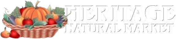 A logo for heritage natural market with a basket of fruits and vegetables.