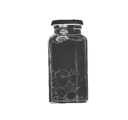 A black and white drawing of a glass jar filled with olives.