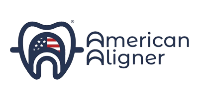 Logo of American Aligner featuring a tooth graphic with an American flag inside, and text 