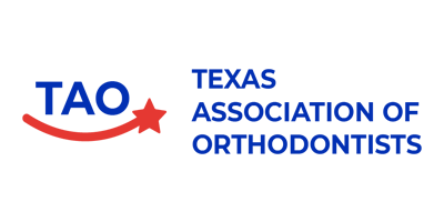 Logo for Texas Association of Orthodontists, blue letters TAO with red star and swoosh, followed by text.