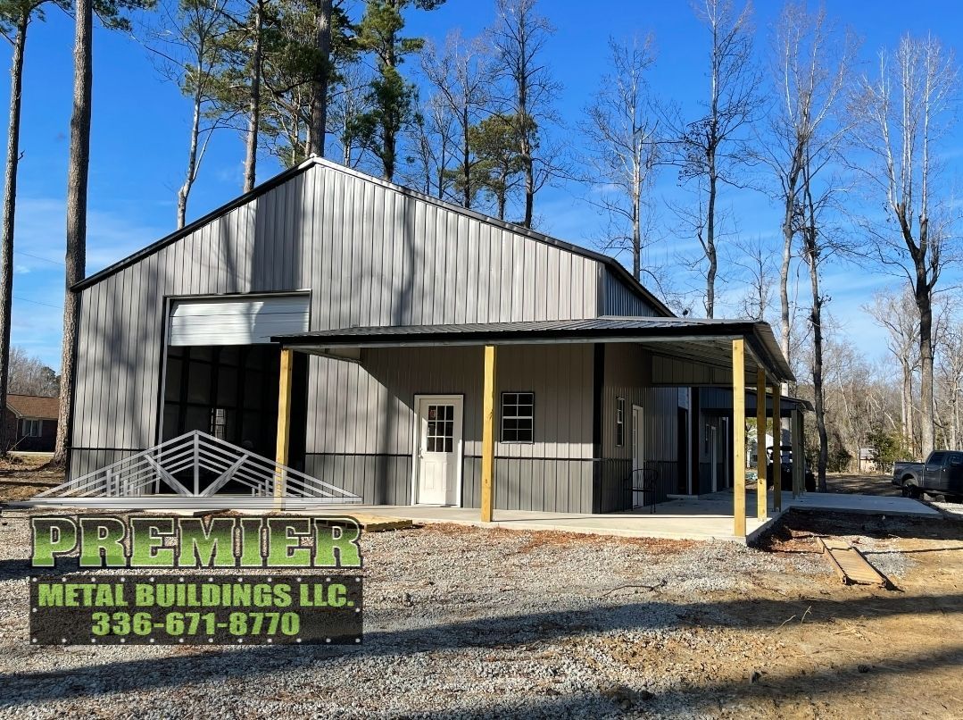 Metal barn with front and side roof