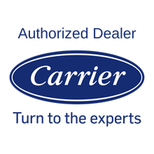 Carrier Authorized Dealer logo in dark blue on a white background with the text Turn to the experts below.