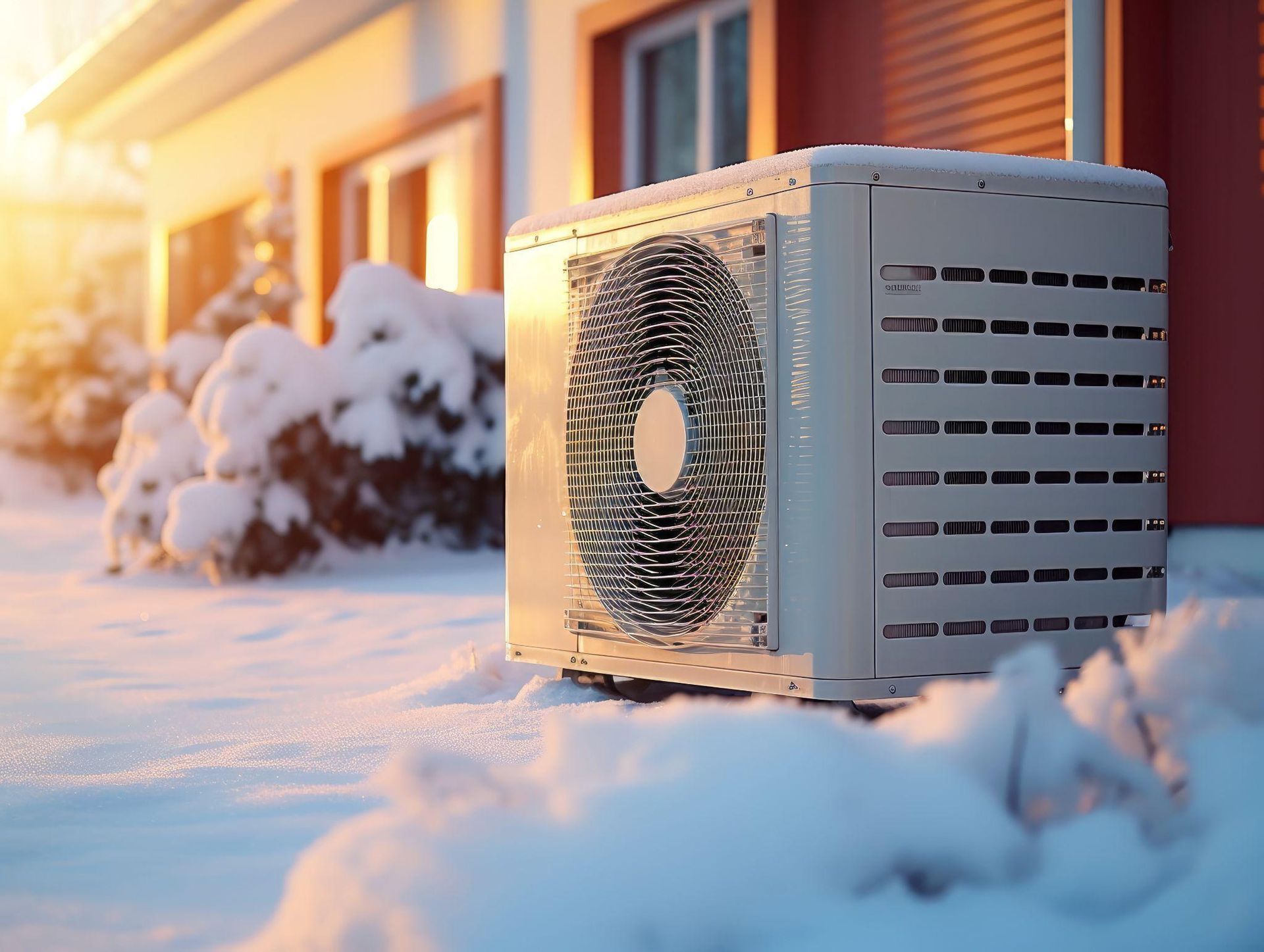 An outdoor heat pump unit sits in a snowy residential yard during a sunny, winter day.