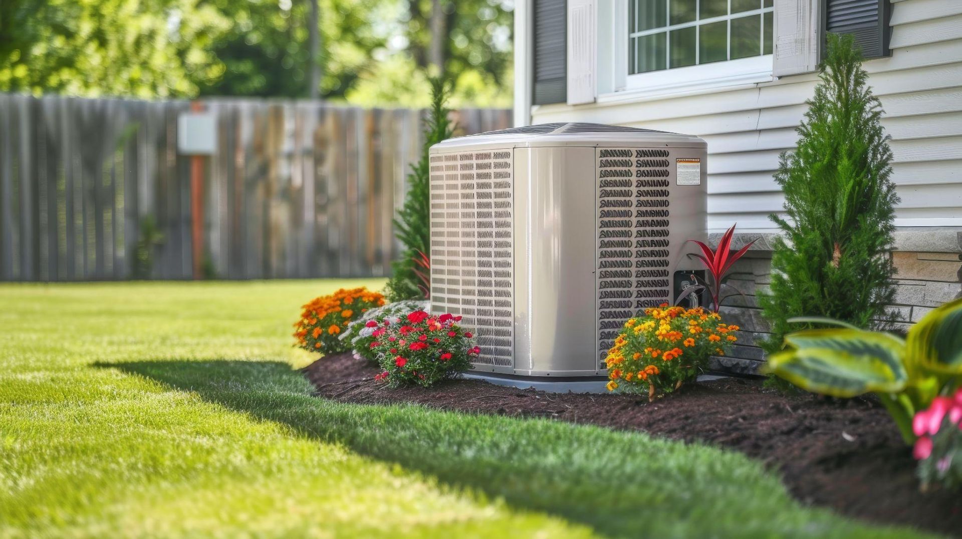An outdoor AC condenser unit sits on a mulch bed next to a white house, surrounded by green shrubs and colorful flowers.