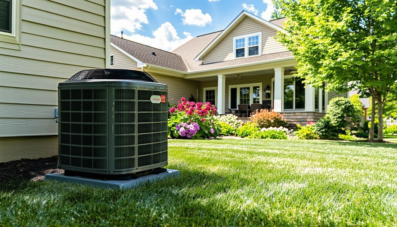 A gray HVAC unit sits on a concrete pad next to a suburban house with a green lawn and a flower bed in the background.