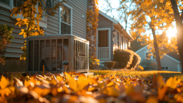 An outdoor HVAC unit sits in a yard covered with golden autumn leaves, with a house in the background during sunset.