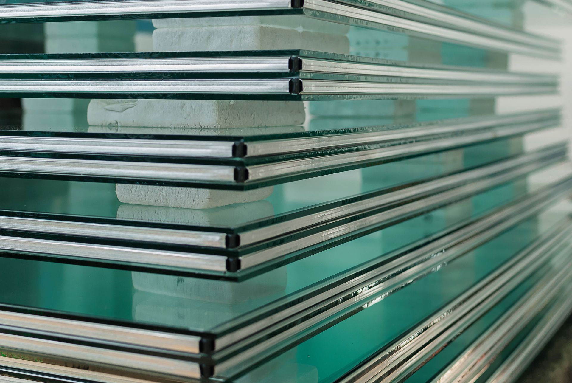 Stack of glass panels with visible edges, close-up, stacked on a white material.