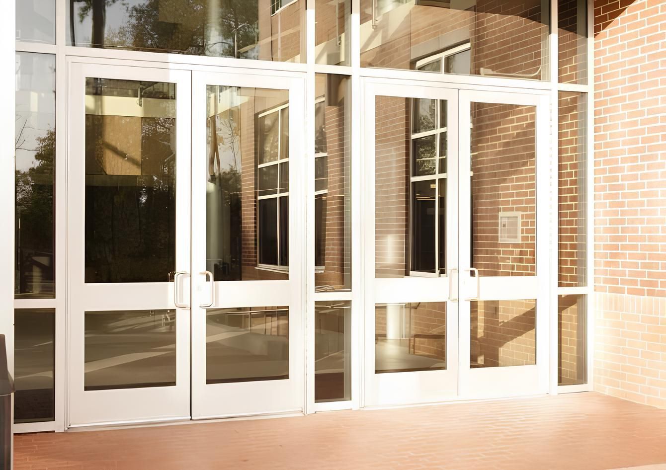 Glass doors with white frames lead into a brick building.