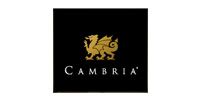 Cambria logo with a gold lion on a black background