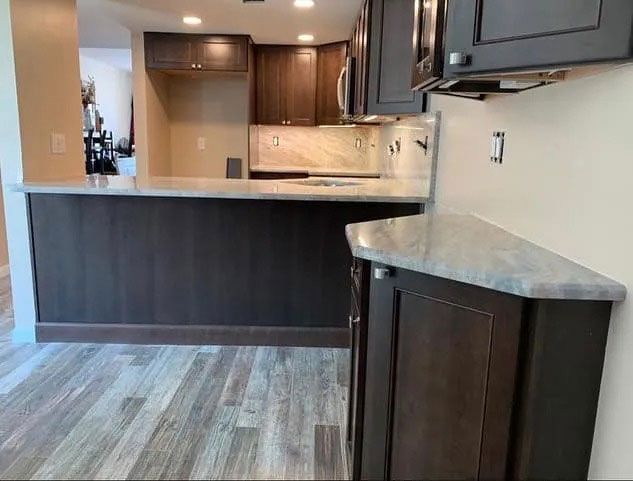 Modern kitchen with dark cabinets, granite countertops, and a peninsula over wood-look flooring.