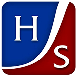 Blue and red logo with white “H” and “S” letters separated by a curved white line